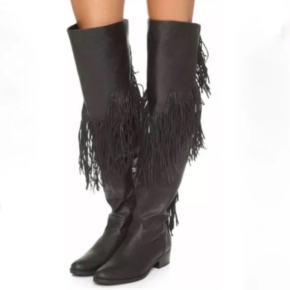 Schutz Kin Black Leather Thigh High Fringe Boots ~Anthropologie ~ Size 9 ~ NWOT - Picture 10 of 16
